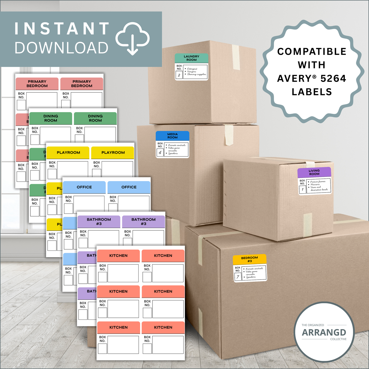 Moving Labels – 3 1/3"x4" – 6 Per Sheet – 32 Room Stickers