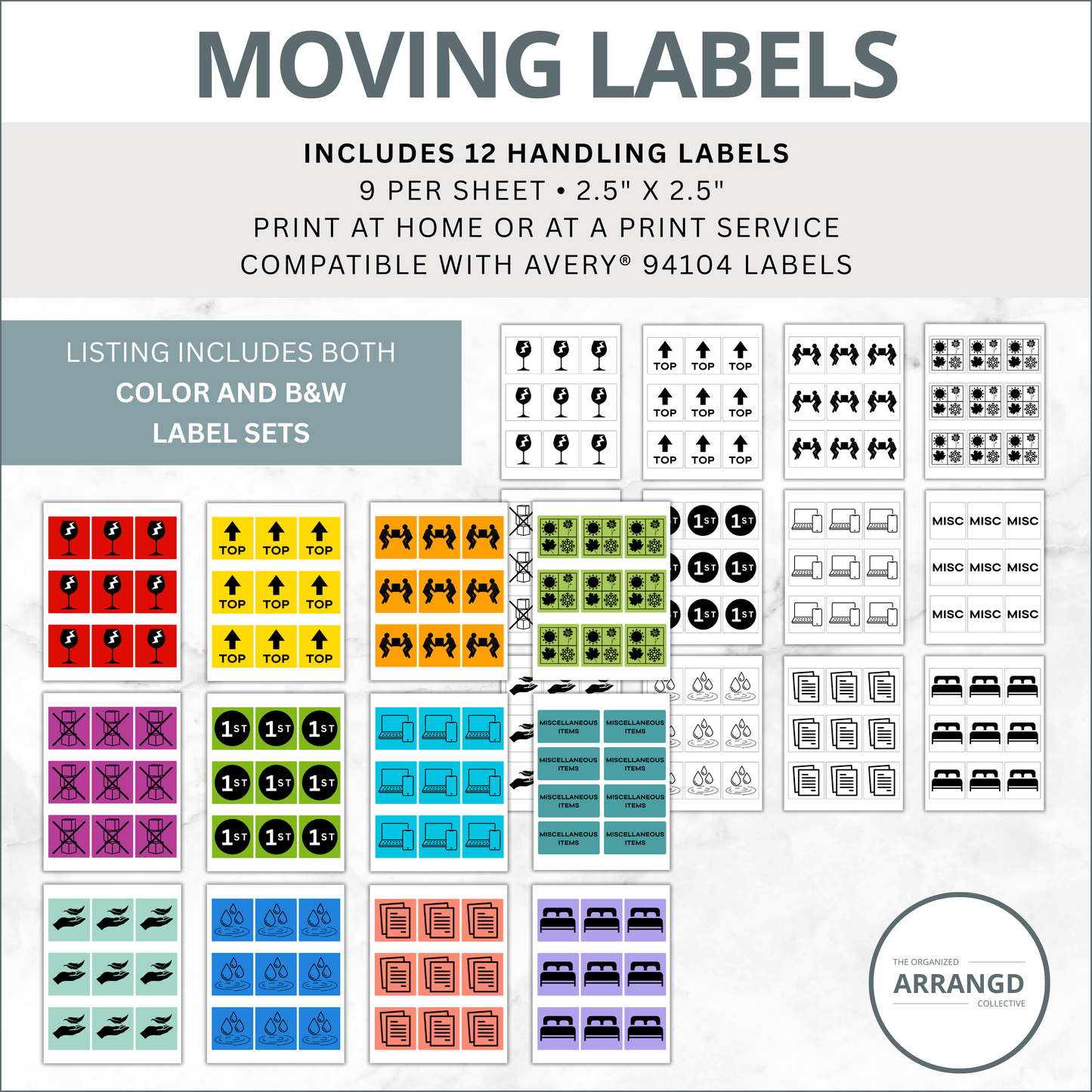 Symbols Handling Labels – 2.5" x 2.5" – 12 Per Sheet