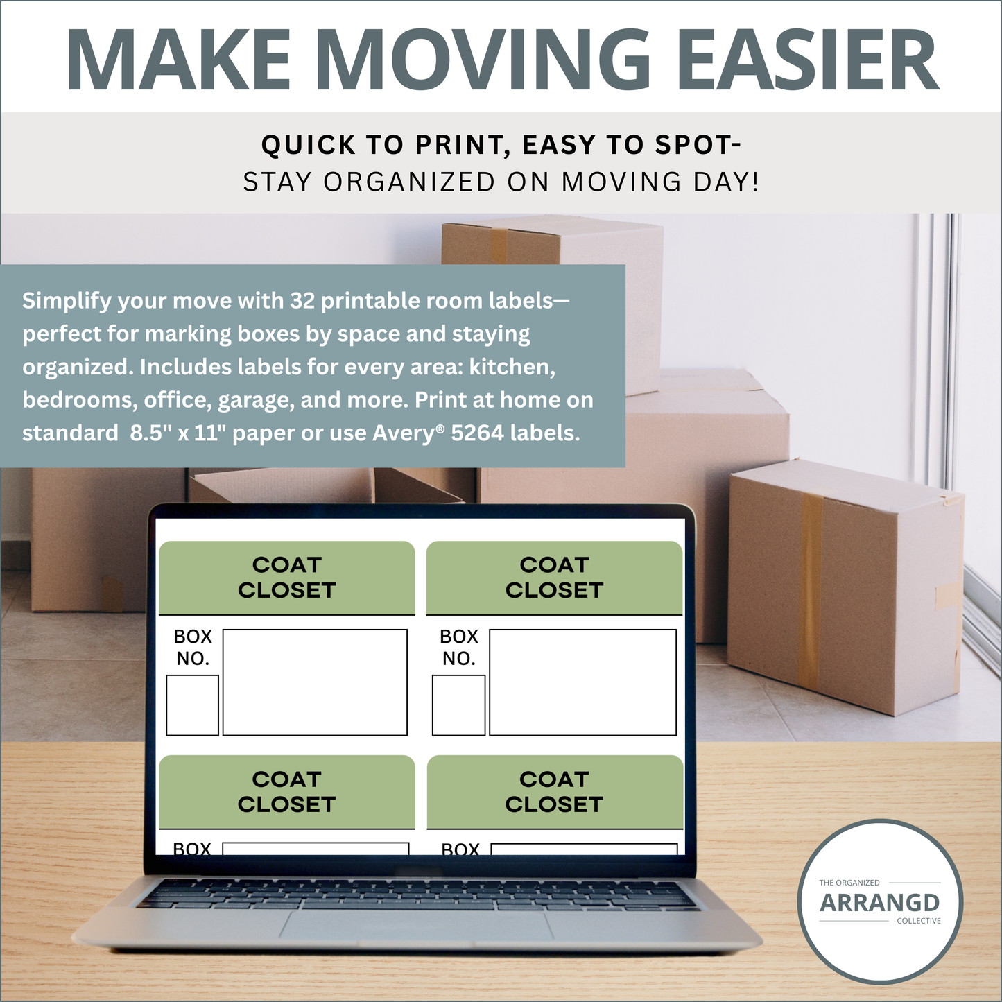 Moving Labels – 3 1/3"x4" – 6 Per Sheet – 32 Room Stickers